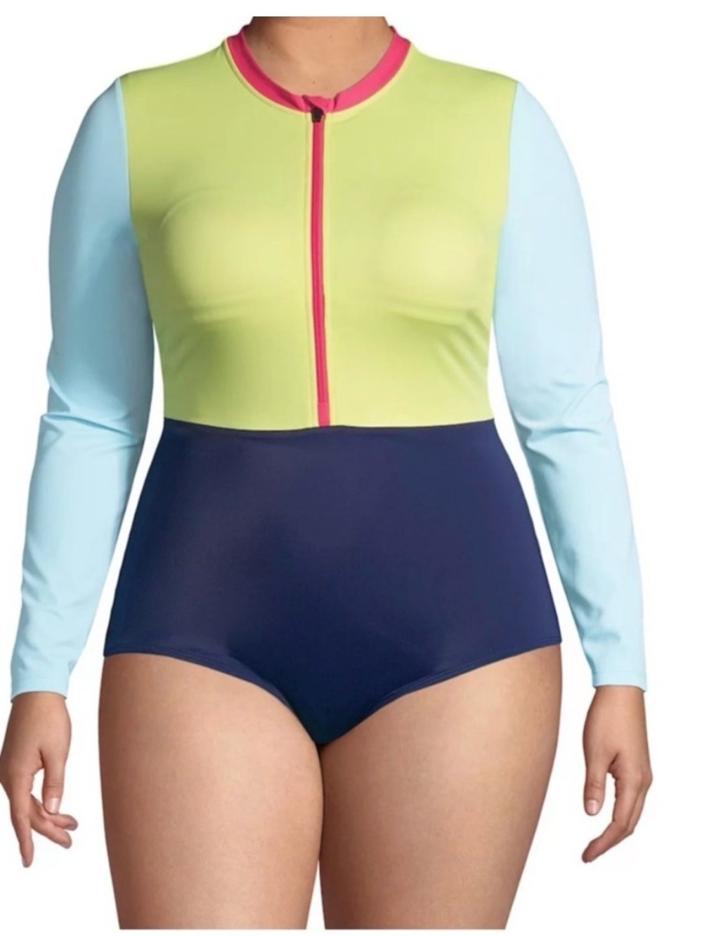 Lands' End Colorblock Long Sleeve One Piece Swimsuit 18W Plus Tugless Zip Front